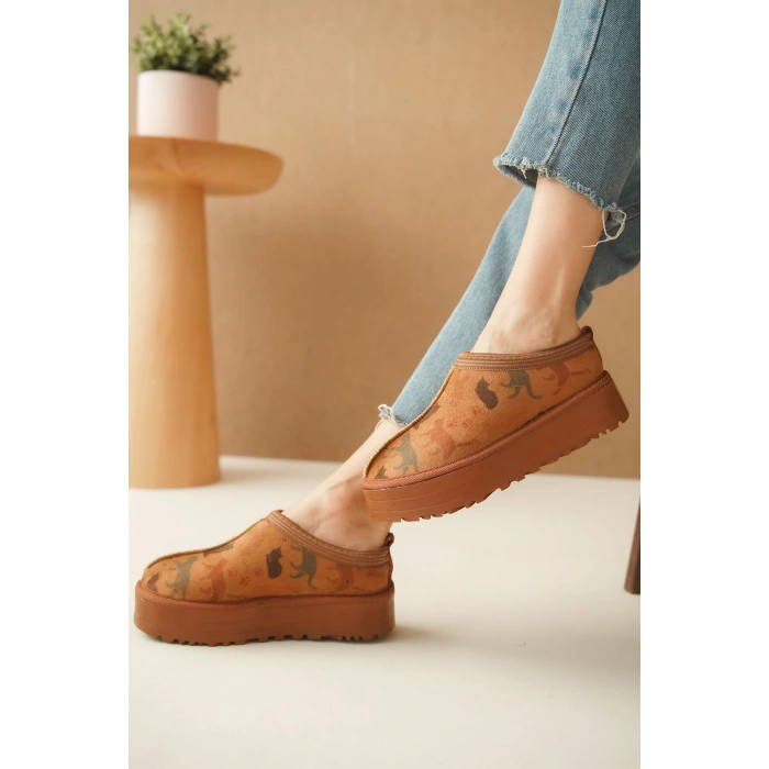 Ev Terliği Botu İçi Tüylü Su Geçirmez Rahat Kalın Taban Kedi Desenli