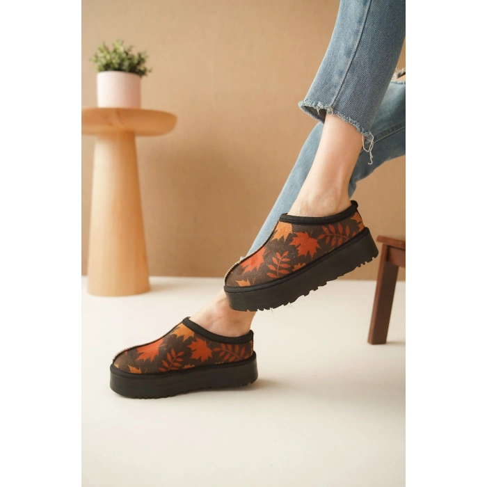 Ev Terliği Botu İçi Tüylü Su Geçirmez Rahat Kalın Taban Yaprak Desenli