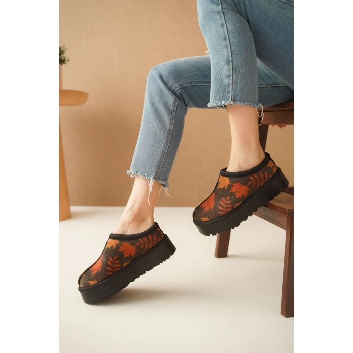 Ev Terliği Botu İçi Tüylü Su Geçirmez Rahat Kalın Taban Yaprak Desenli