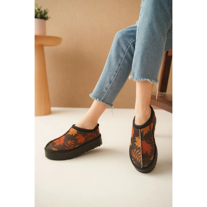 Ev Terliği Botu İçi Tüylü Su Geçirmez Rahat Kalın Taban Yaprak Desenli