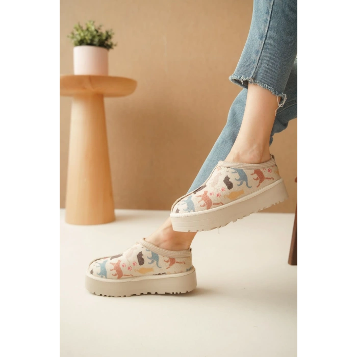 Ev Terliği Botu İçi Tüylü Su Geçirmez Rahat Kalın Taban Kedi Desenli