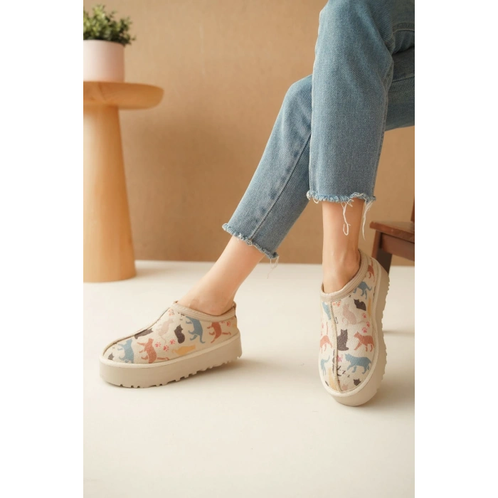 Ev Terliği Botu İçi Tüylü Su Geçirmez Rahat Kalın Taban Kedi Desenli