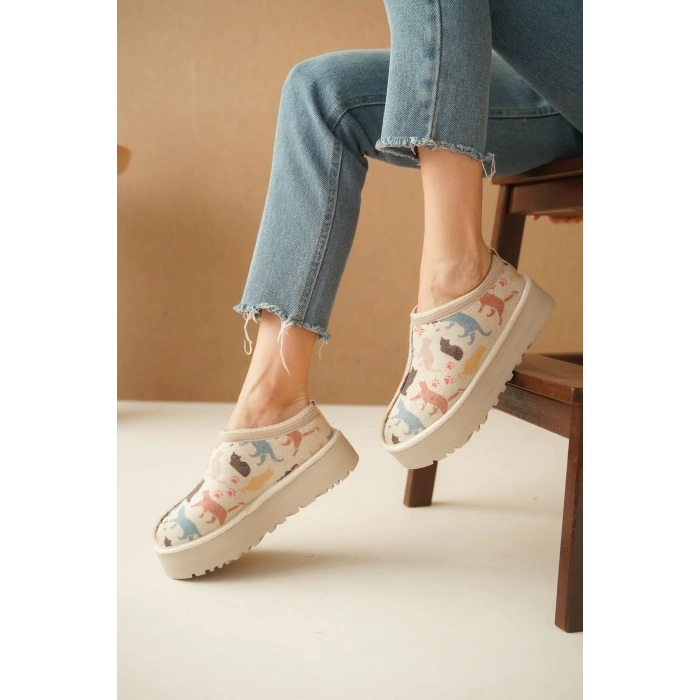 Ev Terliği Botu İçi Tüylü Su Geçirmez Rahat Kalın Taban Kedi Desenli