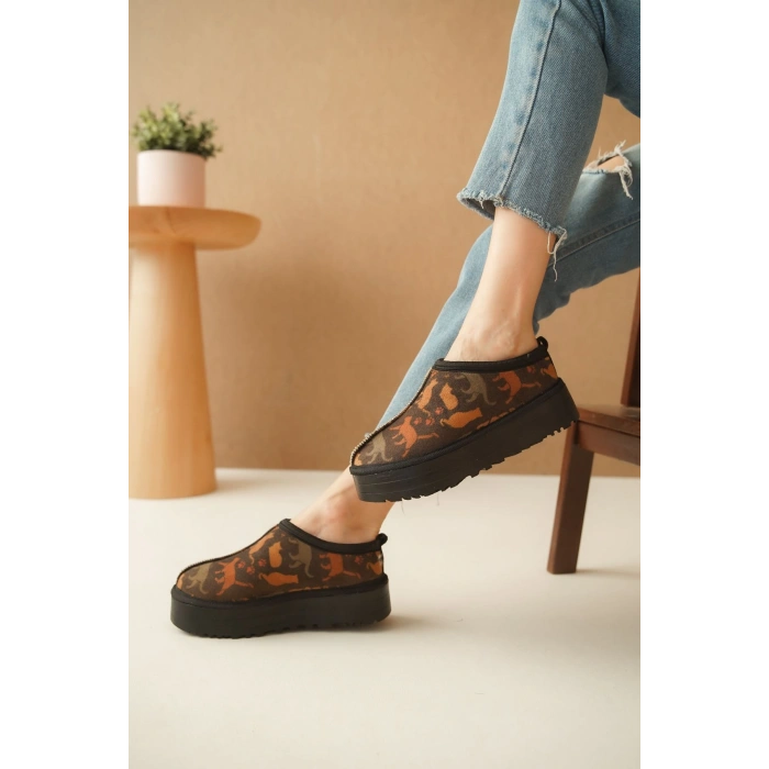 Ev Terliği Botu İçi Tüylü Su Geçirmez Rahat Kalın Taban Kedi Desenli