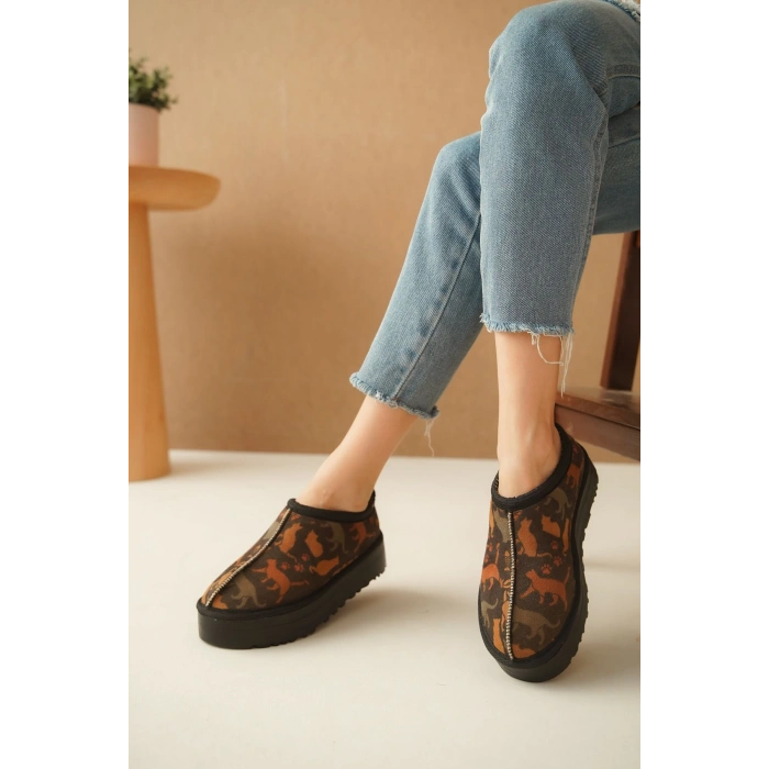 Ev Terliği Botu İçi Tüylü Su Geçirmez Rahat Kalın Taban Kedi Desenli