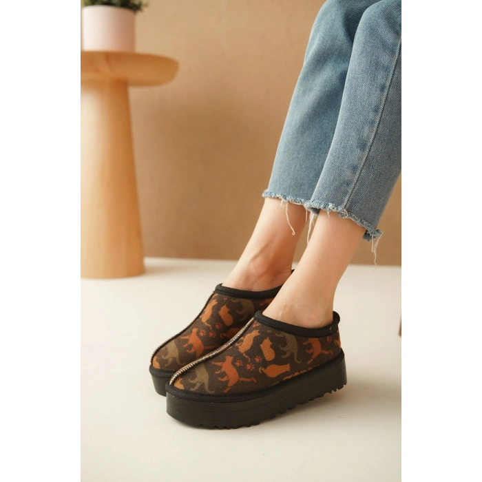 Ev Terliği Botu İçi Tüylü Su Geçirmez Rahat Kalın Taban Kedi Desenli