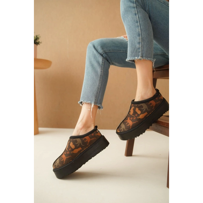 Ev Terliği Botu İçi Tüylü Su Geçirmez Rahat Kalın Taban Kedi Desenli