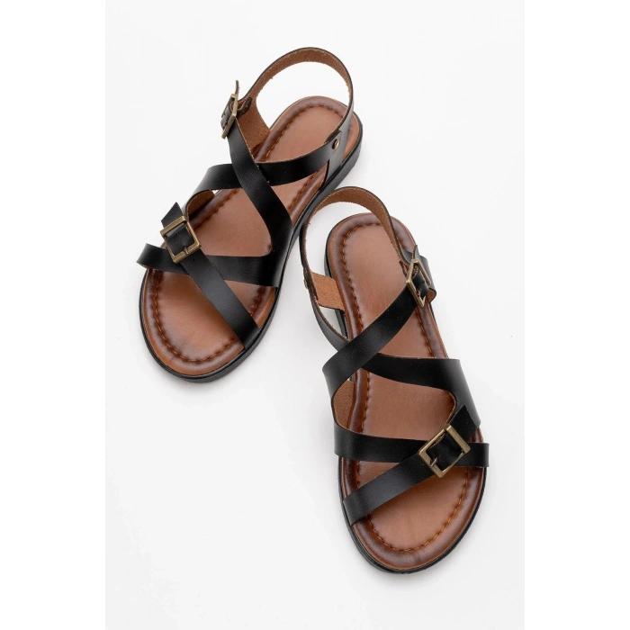 Lira Hakiki Deri Çift Tokalı Ayarlanabilir Çapraz Rahat Sandalet