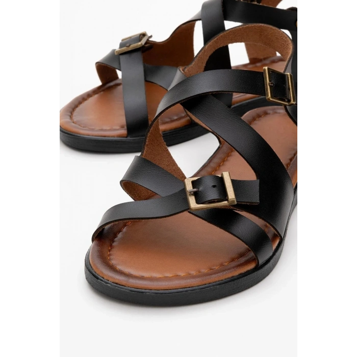 Lira Hakiki Deri Çift Tokalı Ayarlanabilir Çapraz Rahat Sandalet