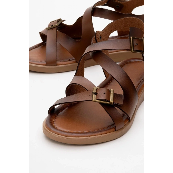 Lira Hakiki Deri Çift Tokalı Ayarlanabilir Çapraz Rahat Sandalet