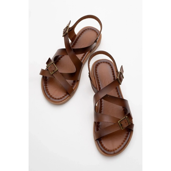 Lira Hakiki Deri Çift Tokalı Ayarlanabilir Çapraz Rahat Sandalet