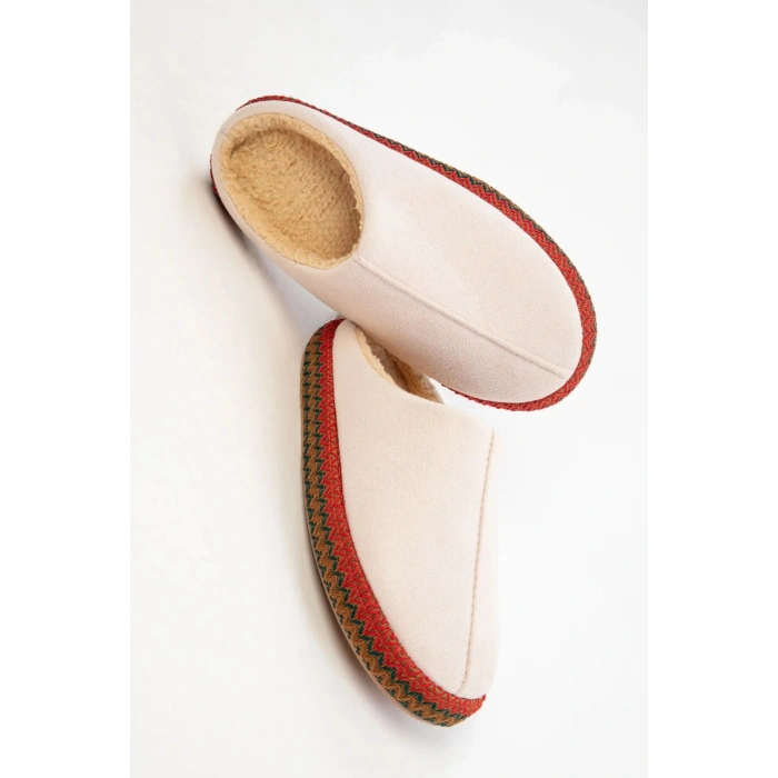 Kadın İçi Kürklü Hasır Şerit Detaylı Rahat Sessiz Ev Terliği