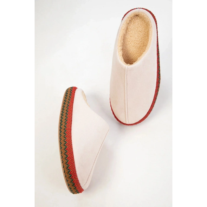 Kadın İçi Kürklü Hasır Şerit Detaylı Rahat Sessiz Ev Terliği