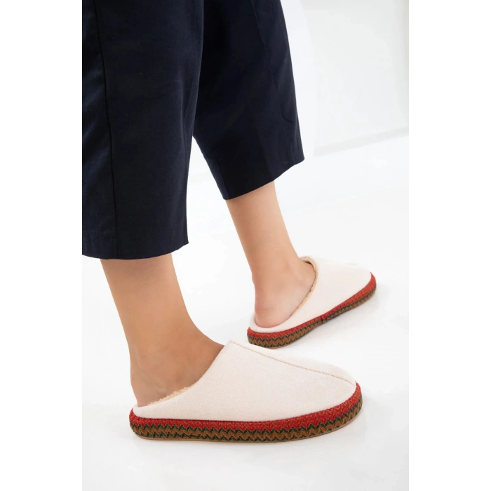 Kadın İçi Kürklü Hasır Şerit Detaylı Rahat Sessiz Ev Terliği