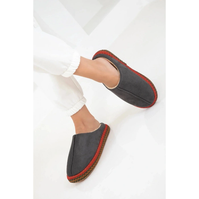 Kadın İçi Kürklü Hasır Şerit Detaylı Rahat Sessiz Ev Terliği