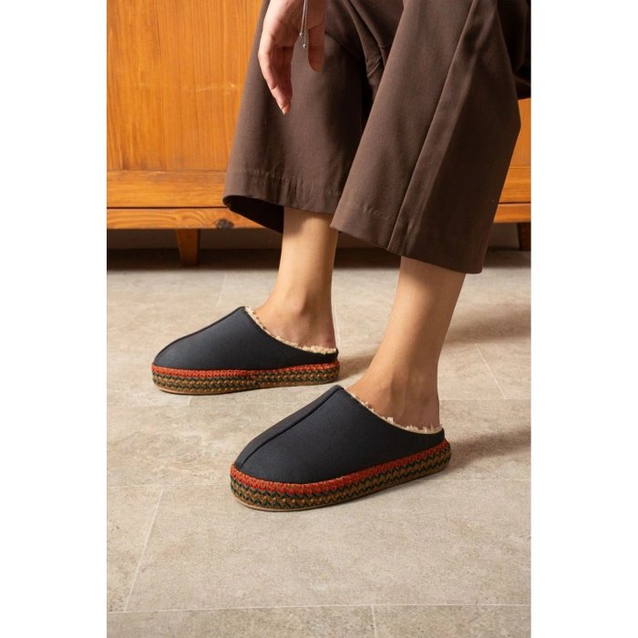 Kadın İçi Kürklü Hasır Şerit Detaylı Rahat Sessiz Ev Terliği