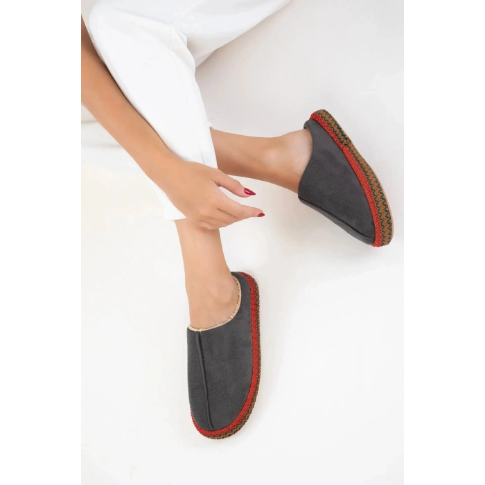 Kadın İçi Kürklü Hasır Şerit Detaylı Rahat Sessiz Ev Terliği