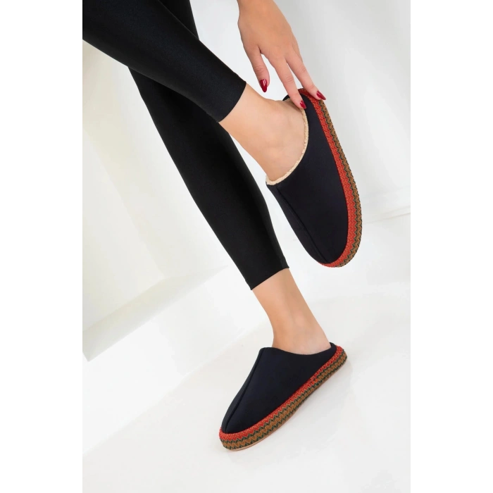 Kadın İçi Kürklü Hasır Şerit Detaylı Rahat Sessiz Ev Terliği