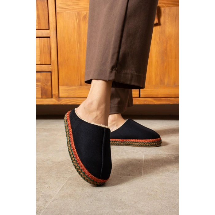 Kadın İçi Kürklü Hasır Şerit Detaylı Rahat Sessiz Ev Terliği