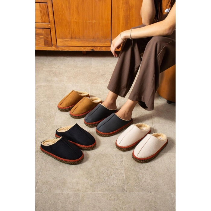 Kadın İçi Kürklü Hasır Şerit Detaylı Rahat Sessiz Ev Terliği