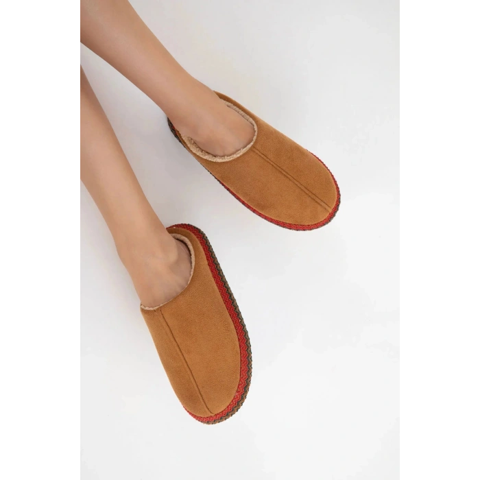 Kadın İçi Kürklü Hasır Şerit Detaylı Rahat Sessiz Ev Terliği