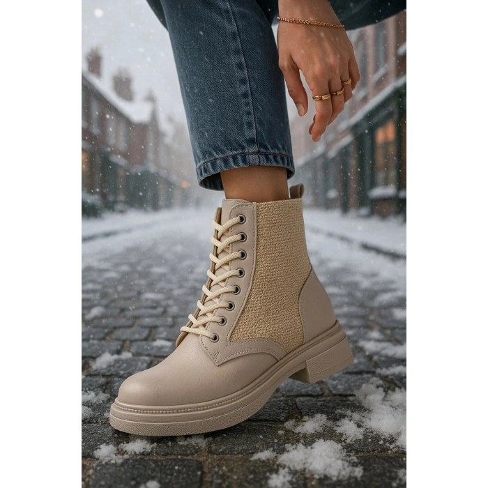 Pelda Kadın Bağcıklı Örgü Detaylı Fermuarlı Günlük Postal Bot