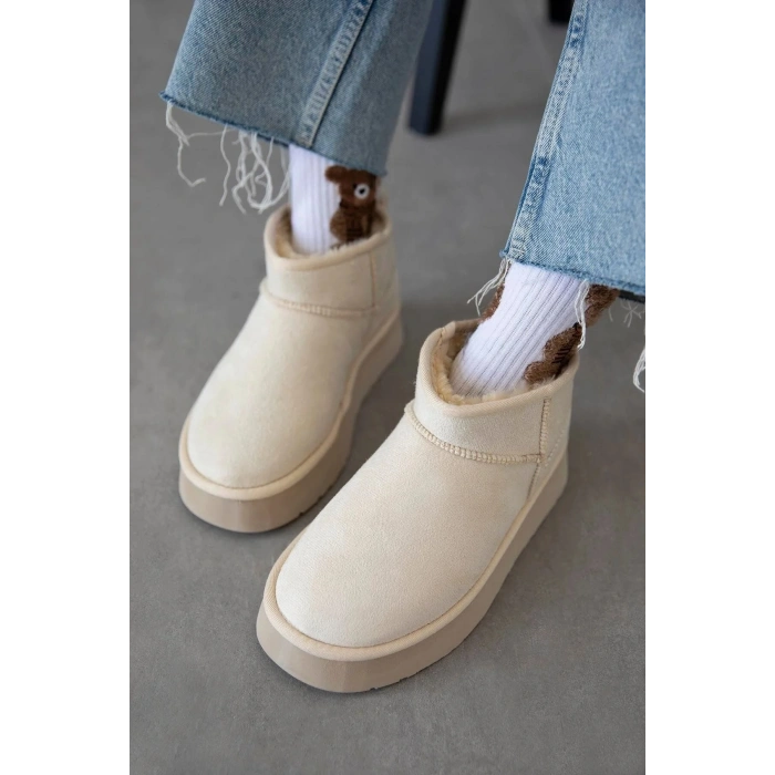 Andra Krem Kadın Kalın Taban Süet İçi Kürklü Rahat Günlük Bot