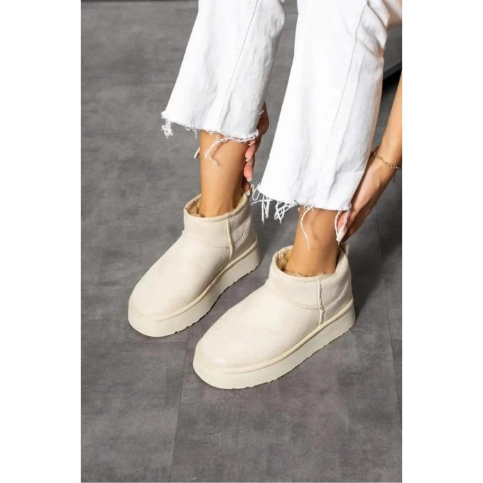 Andra Krem Kadın Kalın Taban Süet İçi Kürklü Rahat Günlük Bot