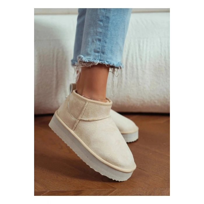 Andra Krem Kadın Kalın Taban Süet İçi Kürklü Rahat Günlük Bot