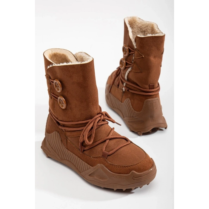 Kinga Kalın Taban Düğme Detaylı İçi Kürklü Bağcıklı Kadın Bot