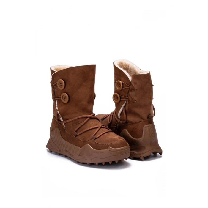 Kinga Kalın Taban Düğme Detaylı İçi Kürklü Bağcıklı Kadın Bot