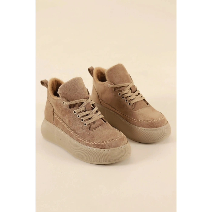 Nadia Bağcıklı Kalın Tabanlı Kürklü Oval Burunlu Rahat Hafif Kadın Bot