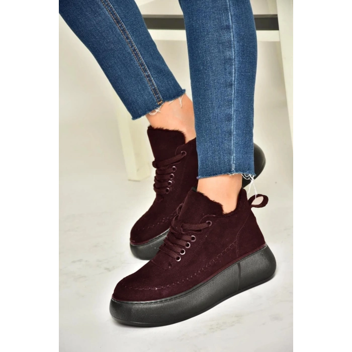 Nadia Bağcıklı Kalın Tabanlı Kürklü Oval Burunlu Rahat Hafif Kadın Bot