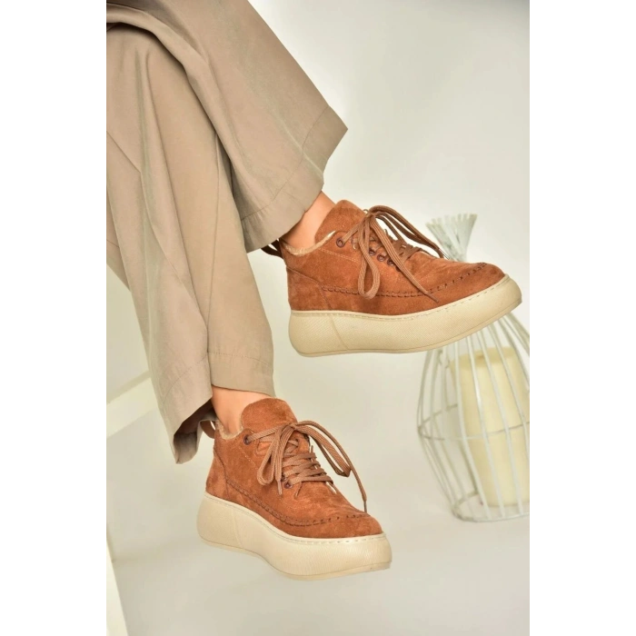 Nadia Bağcıklı Kalın Tabanlı Kürklü Oval Burunlu Rahat Hafif Kadın Bot