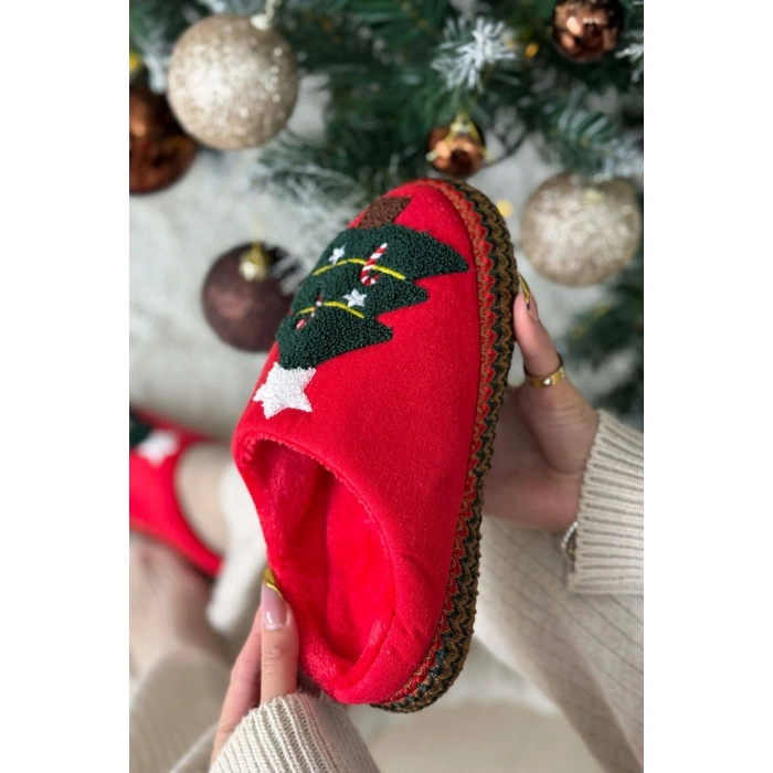 Noel Ağacı Nakışlı Yılbaşı Hediyelik Panduf Ev Terliği