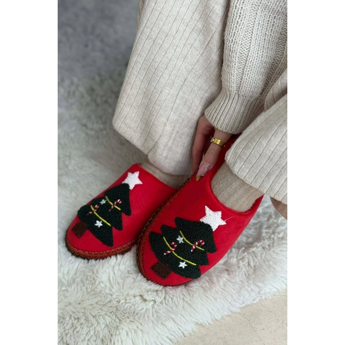 Noel Ağacı Nakışlı Yılbaşı Hediyelik Panduf Ev Terliği