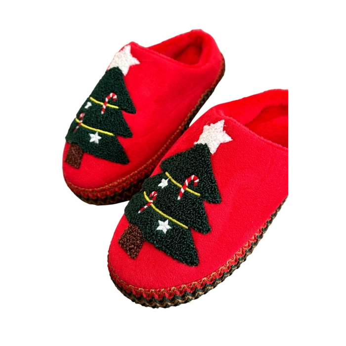 Noel Ağacı Nakışlı Yılbaşı Hediyelik Panduf Ev Terliği