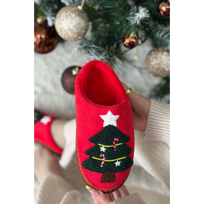 Noel Ağacı Nakışlı Yılbaşı Hediyelik Panduf Ev Terliği