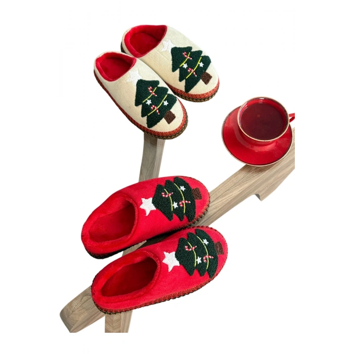 Noel Ağacı Nakışlı Yılbaşı Hediyelik Panduf Ev Terliği