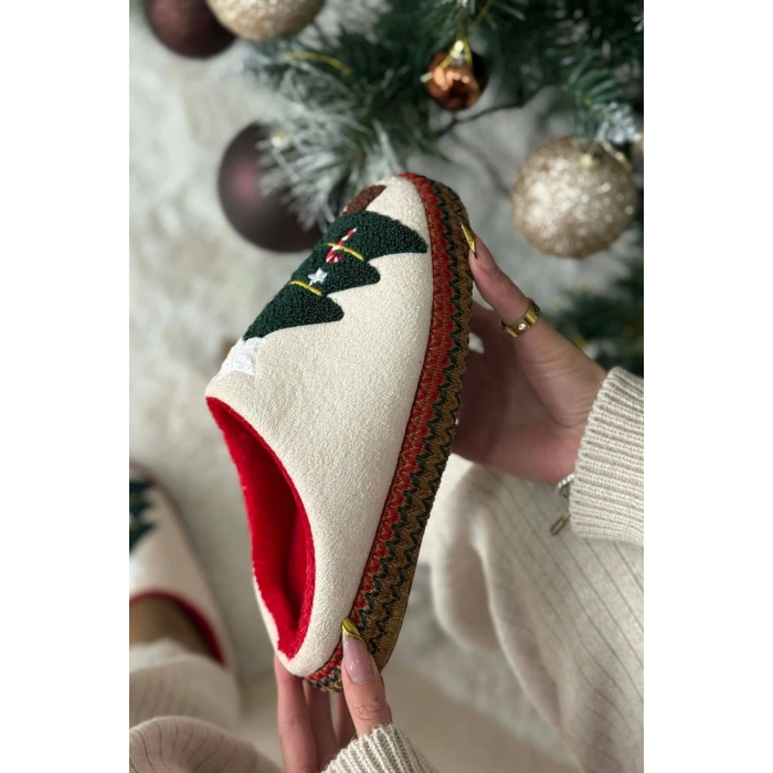 Noel Ağacı Nakışlı Yılbaşı Hediyelik Panduf Ev Terliği