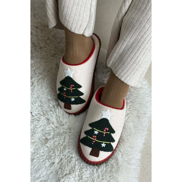 Noel Ağacı Nakışlı Yılbaşı Hediyelik Panduf Ev Terliği