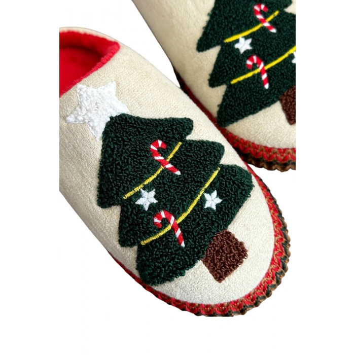 Noel Ağacı Nakışlı Yılbaşı Hediyelik Panduf Ev Terliği