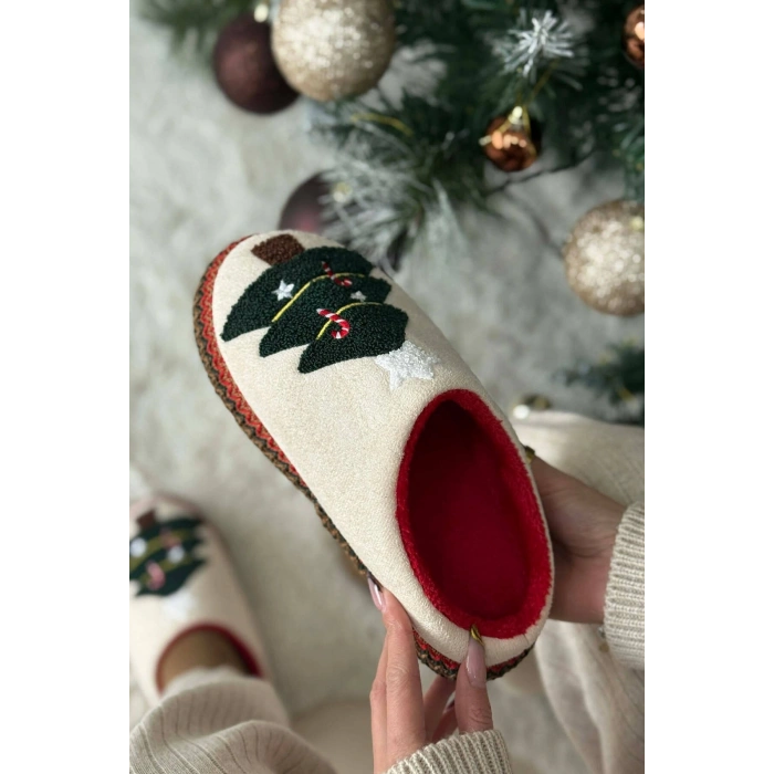 Noel Ağacı Nakışlı Yılbaşı Hediyelik Panduf Ev Terliği