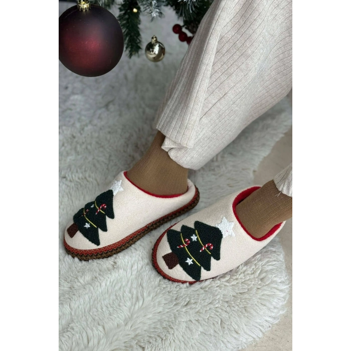 Noel Ağacı Nakışlı Yılbaşı Hediyelik Panduf Ev Terliği