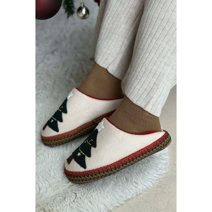 Noel Ağacı Nakışlı Yılbaşı Hediyelik Panduf Ev Terliği