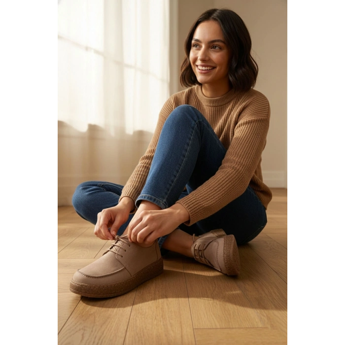 Dora Hakiki Deri Nubuk Comfort Taban Bağcıklı Günlük Kadın Ayakkabı Elde Yapım