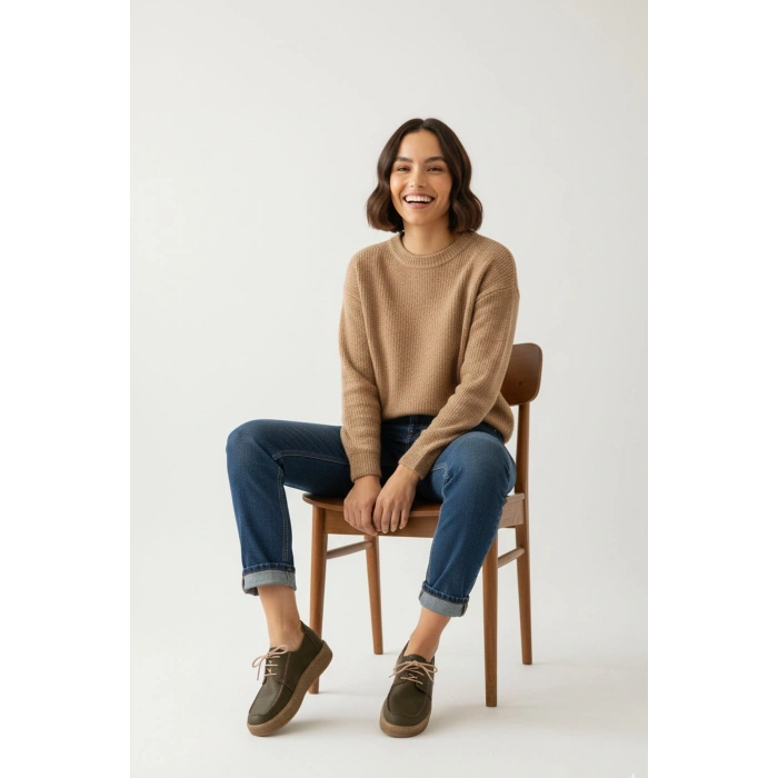 Dora Hakiki Deri Nubuk Comfort Taban Bağcıklı Günlük Kadın Ayakkabı Elde Yapım