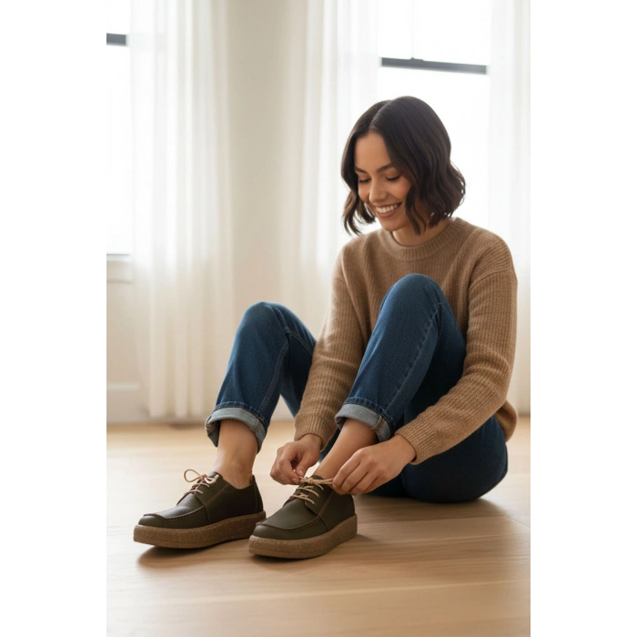 Dora Hakiki Deri Nubuk Comfort Taban Bağcıklı Günlük Kadın Ayakkabı Elde Yapım