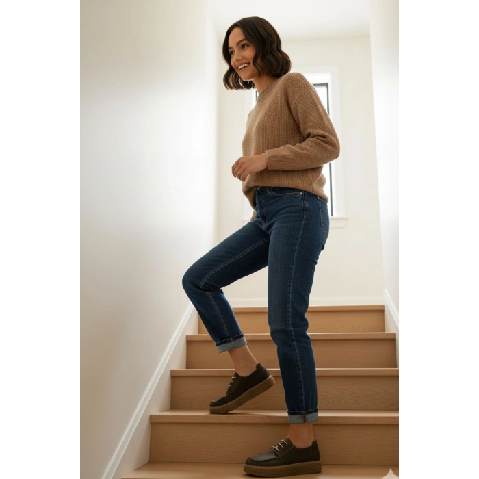 Dora Hakiki Deri Nubuk Comfort Taban Bağcıklı Günlük Kadın Ayakkabı Elde Yapım