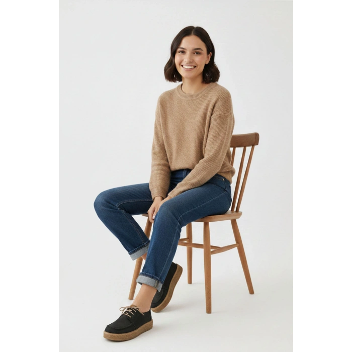 Dora Hakiki Deri Nubuk Comfort Taban Bağcıklı Günlük Kadın Ayakkabı Elde Yapım